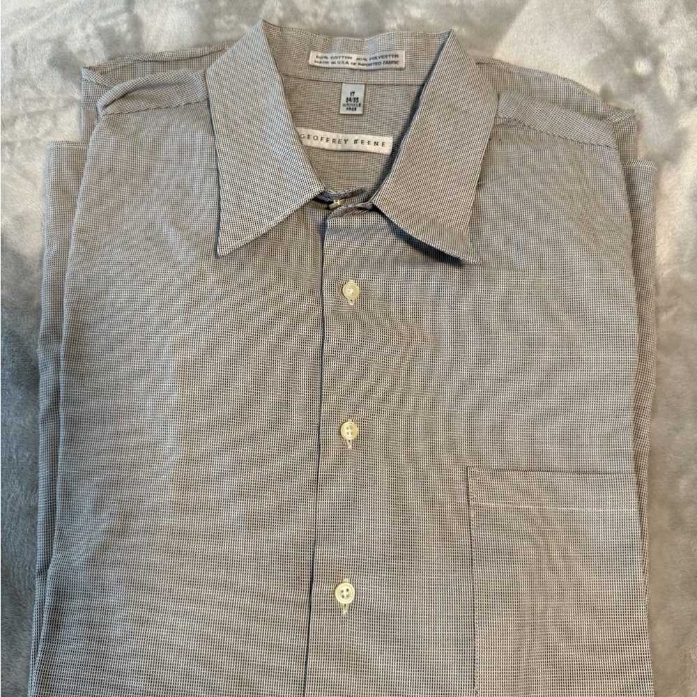 Geoffrey Beene Men's 17 34/35 Large Dress Shirt Gray & White Check Long Sleeve
